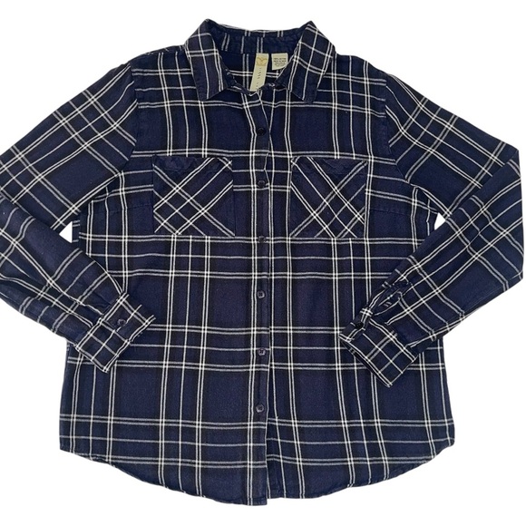 Duzzy Love navy blue & white plaid flannel button down shirt sz S - Picture 1 of 6